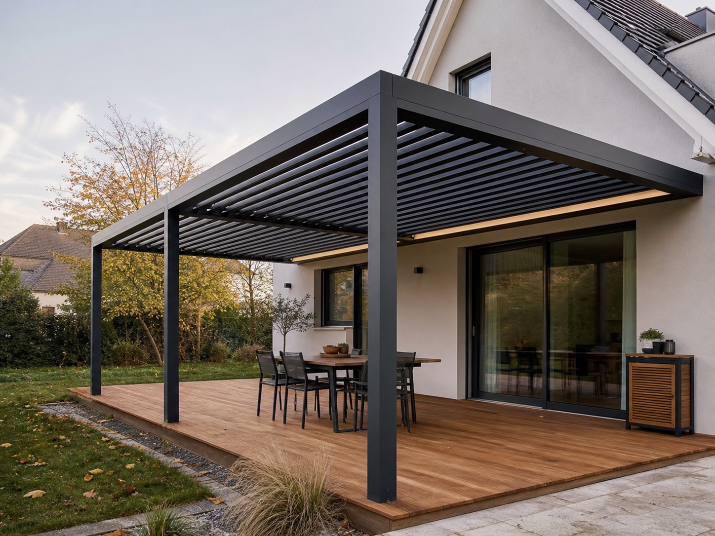Moderne Pergola als Beispiel für ein standortabhängiges Fertigungsprojekt