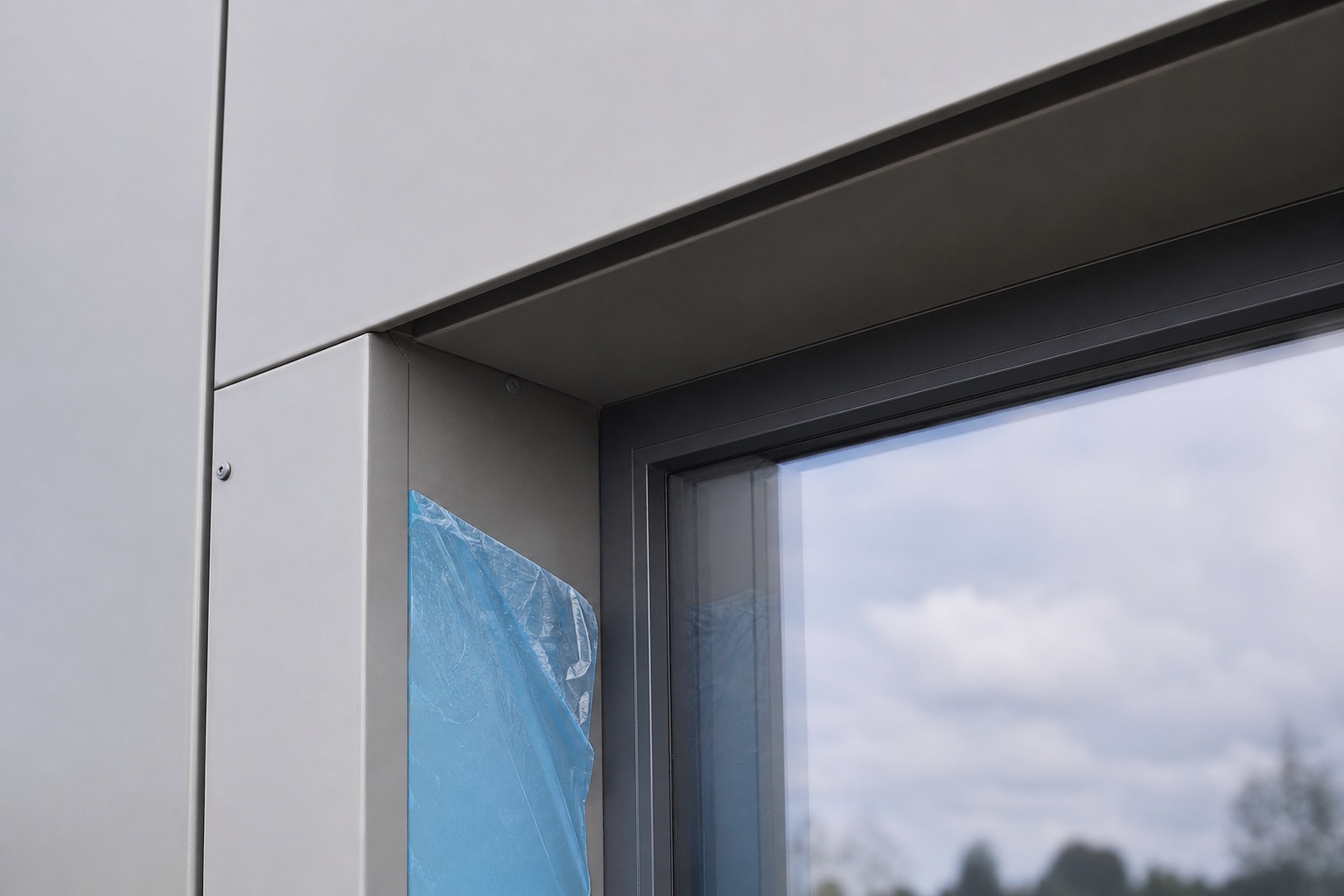 Exakt gekantete pulverbeschichtete Fassadenbleche mit sichtbaren Kanten und Schutzfolie
