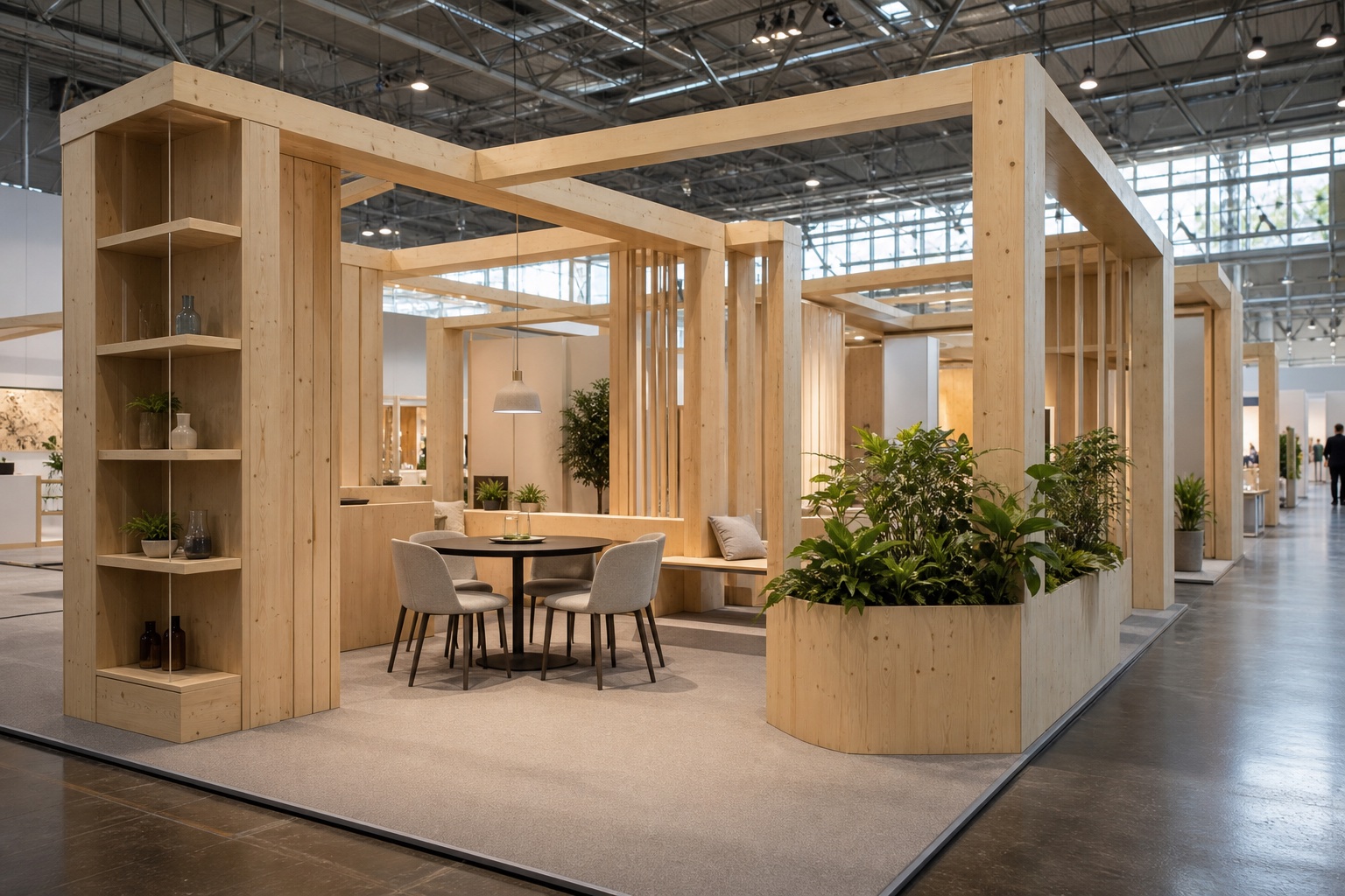 Modularer Messestand mit Holzrahmen und kleiner Besprechungslounge in einer Messehalle